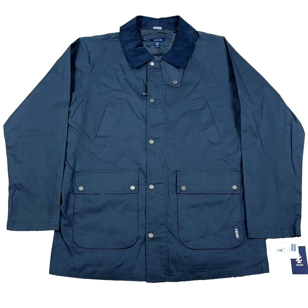 Izod Waxed Cotton Jacket Men Large Navy Blue Chore Coat Corduroy Collar